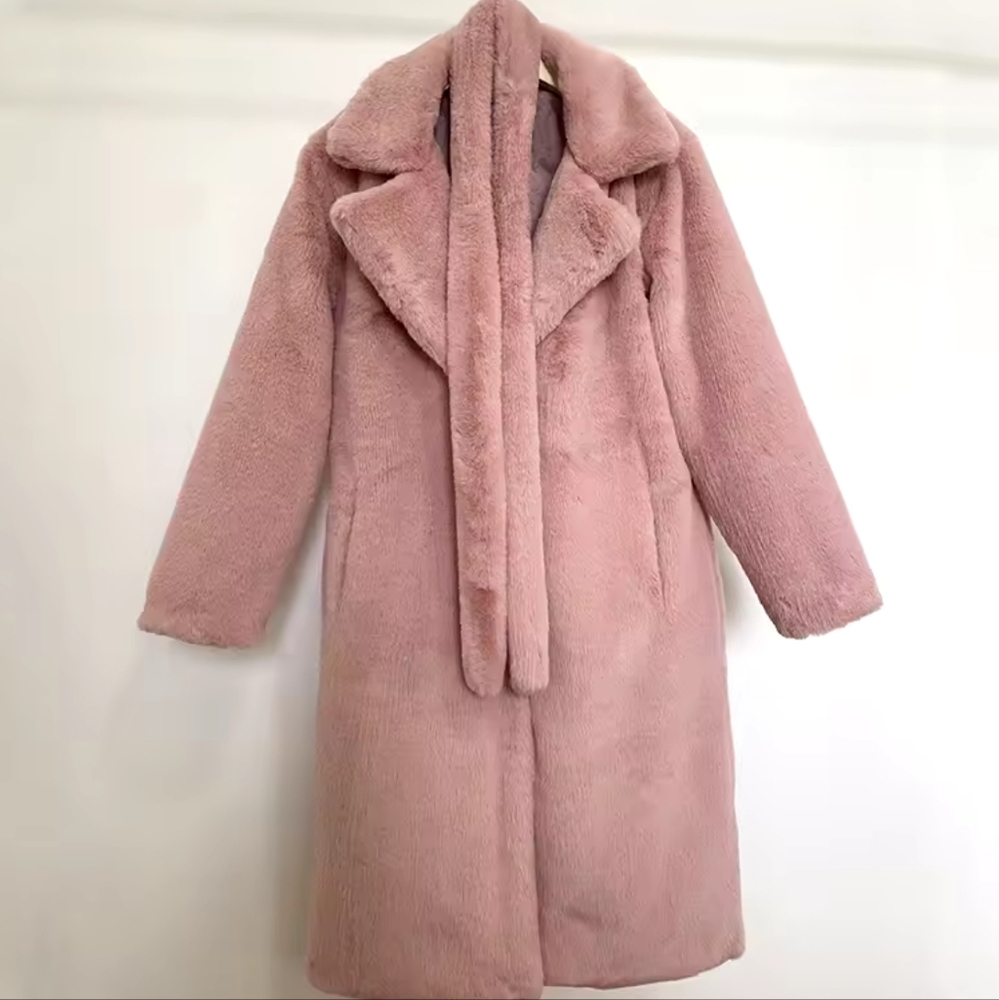 Luxury Winter Long Overcoats Women Oversized Lapel Belted Faux Rabbit Fur Coat - Picture 14 of 16
